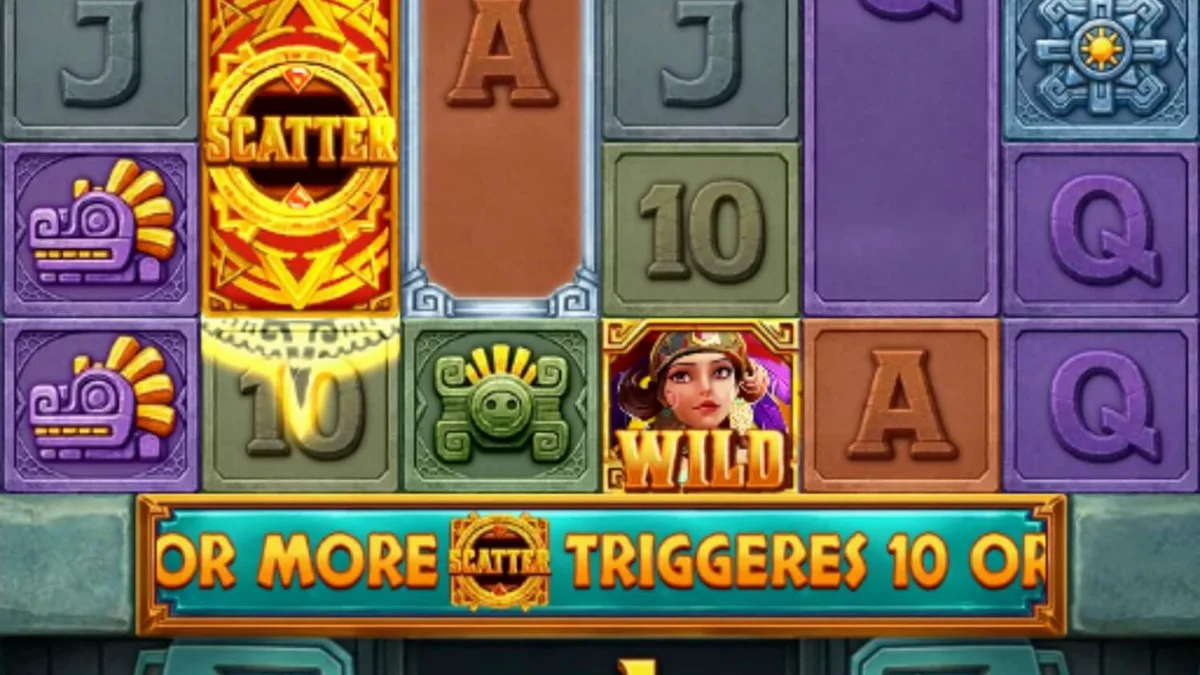 Tampilan antarmuka slot Legacy of Aztec pada perangkat seluler dengan latar belakang kuil kuno.
