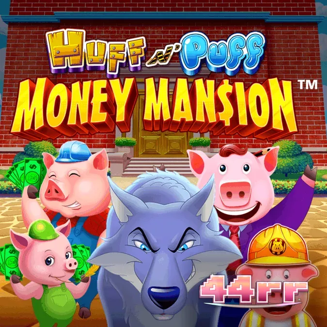 Tampilan visual slot Huff N Puff Money Mansion dengan elemen konstruksi babi